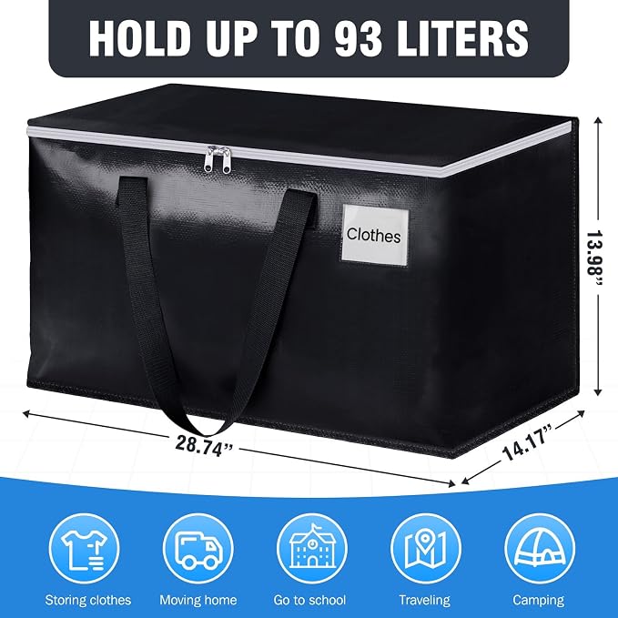 Heavy Duty Moving Bags, Extra Large Storage Bags, 93L, 4-Pack, Black | Foldable, with Zippers, Tag Pocket & Handles, Reusable, Space-saving, Water-Resistant, for moving & storage, Versatile Use