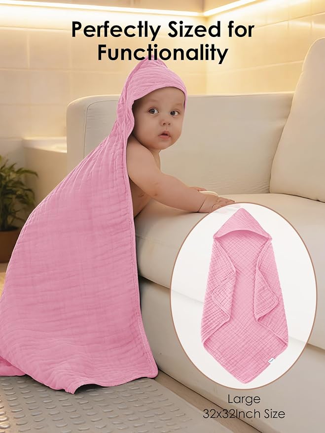 Muslin Hooded Baby Bath Towels - 3 Pack 100% Cotton Ultra-Soft Towels for Newborns, Infants, Toddlers - 32x32 Inch - Highly Absorbent, Quick-Dry Essentials for Bath Time, Beach, Pool, Sakura Series