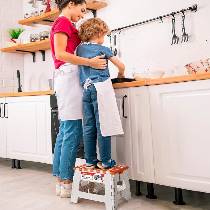 Folding Step Stool 9 Inch for Kids, 300 lbs, Bicolor Orange | Lightweight Plastic Small Foldable Step Stool with Handle, Non-Slip, for Kitchen, Bathroom, Bedroom and Closet