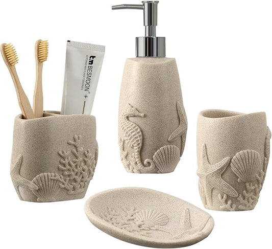 Bathroom Accessories Set, 4 PCS, Sea Bathroom Decor, Sandstone Look Beige | Ocean Theme,With 10OZ Soap Dispenser, Toothbrush Holder, Tumbler, Soap Dish, For Bathroom Countertop Organizer
