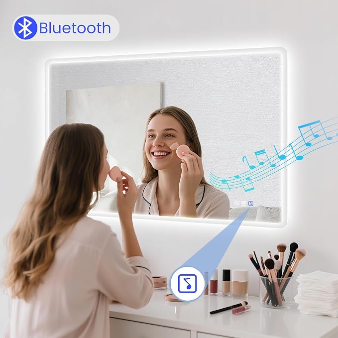 STARLEAD 48"x36" LED Bathroom Mirror with Bluetooth Speaker, 3 Color Temperature, Stepless Dimming, Anti-Fog, Touch Control, Wall-Mounted Vanity Mirror, Vertical or Horizontal