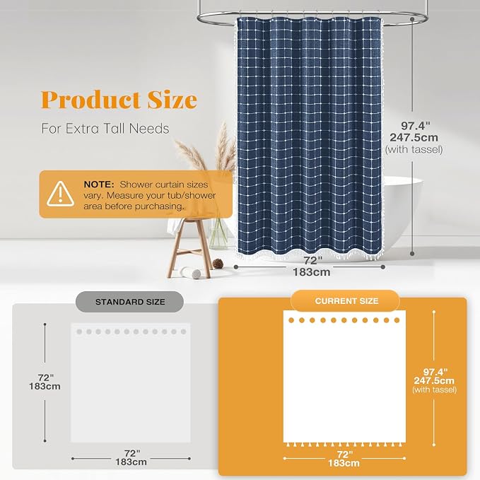 Extra Long Boho Farmhouse Linen Shower Curtain Set, 72x96, Navy Blue | Extra Tall Size, 330GSM Linen Blend, 3-side Tassels, Waterproof Fabric, 12 Plastic Hooks, Rustic Bohemian, Machine Washable