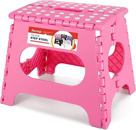11" Folding Step Stool for Kids, Holds 300 lb Foldable Stools, Pink | Heavy Duty Collapsible Foot Stool, Lightweight with Built-in Handle, Non-Slip for Adults Kitchen Bathroom Bedroom Outdoor