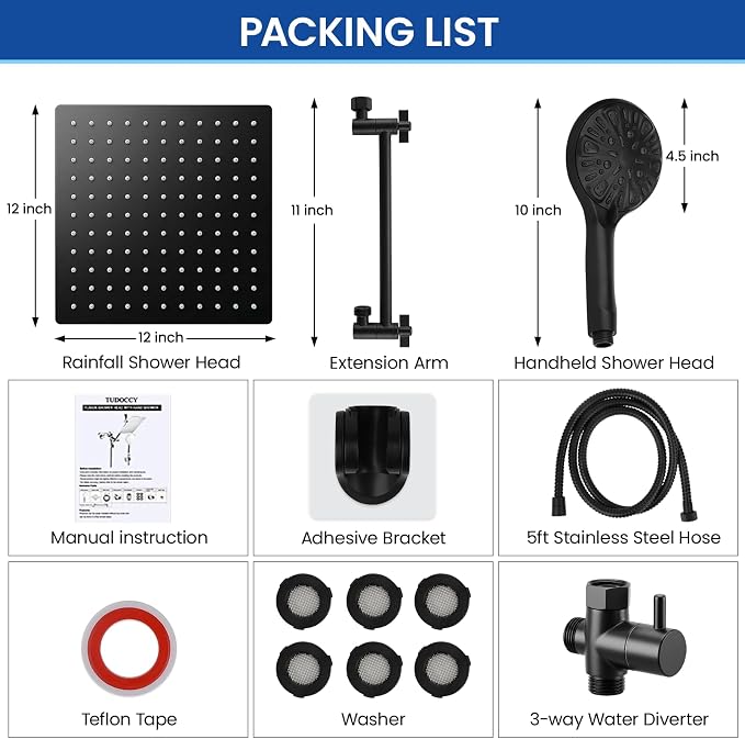 Shower Head, 12'' High Pressure Rainfall/Handheld Shower Combo, Matte Black | 9 Settings, Anti-leak Shower Head with 11'' Extension Arm, Holder, Hose, Height/Angle Adjustable Shower, 1.75GPM