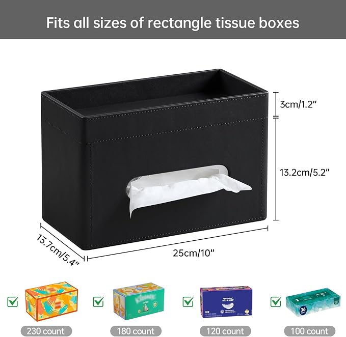 Plus Size Tissue Box Cover, Rectangle Tissue Box Organizer, Black | Fit 180/230 Count Tissue Boxes, Storage Tray, PU Leather Large Tissue Box Cover, Rectangular Tissue Box Holder for Bathroom