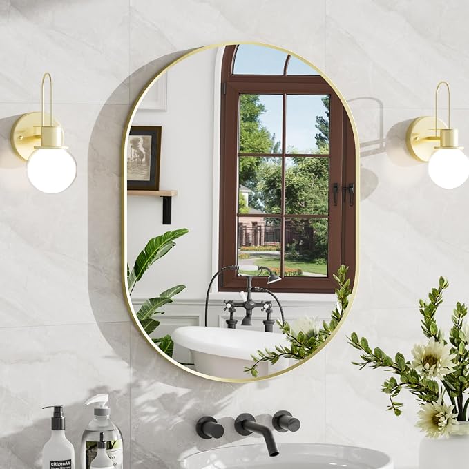 24"x32" Brushed Gold Oval Bathroom Mirror for Over Sink, Wall Mount | Tempered Glass, Clear Reflection, Rust-Resistant Aluminum Frame, Vertical or Horizontal Wall Mount, Bedroom and Entryway