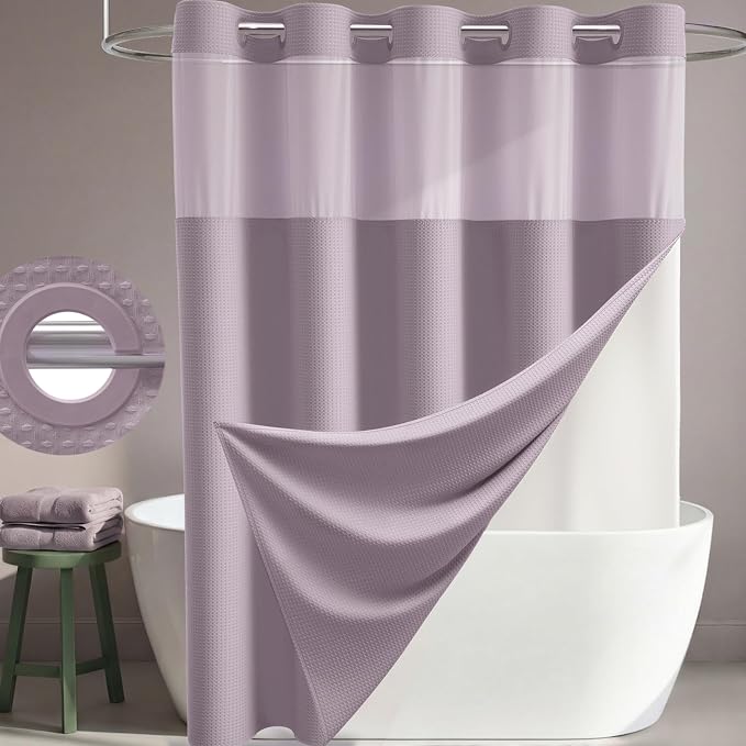 Lavender Hook Free Waffle Shower Curtain & Snap Fabric Liner,72x87 | Less Time to install, 3 in 1 Fabric Shower Curtain and Liner Set with Magnets, Extra Long, Shower Curtains for Bathroom