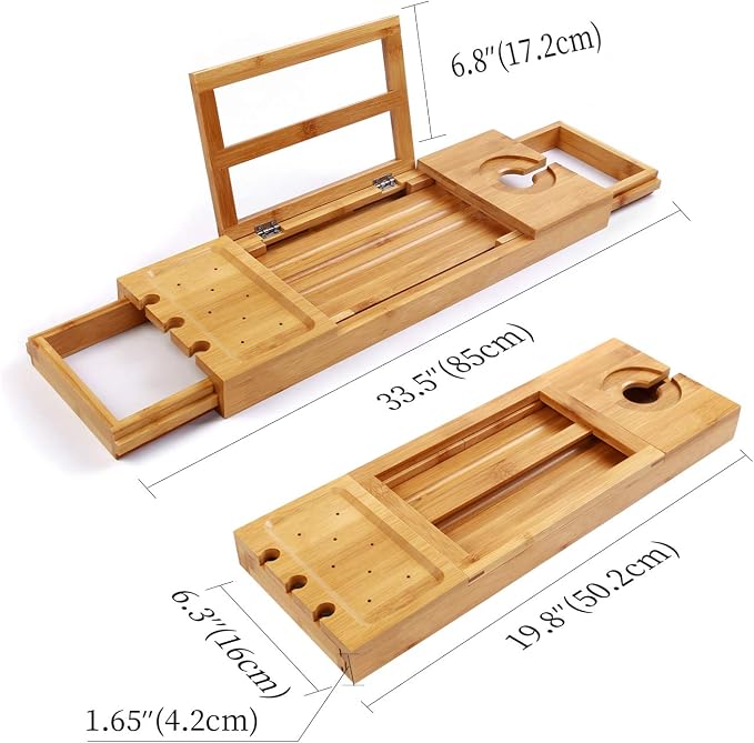 Utoplike Bamboo Bathtub Caddy Tray for Tub, Expandable Bath Table | Adjustable Bathroom Organizer, with Book Tablet Stand, Wine Glass Cup, Towel Holder