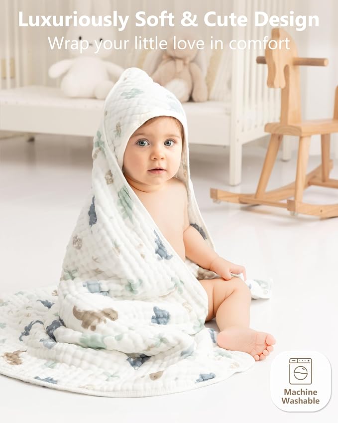 Baby Bath Towels, 100% Muslin Cotton Hooded Baby Towels for Newborn, 2 Pack Baby Towels with Hood for Infant Toddler and Kids, Large 32x32Inch Unisex Bath Essentials, Soft and Absorbent