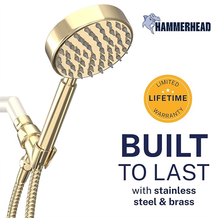 HammerHead Showers® Solid Metal Handheld Shower Head with Hose and Brass Holder - POLISHED BRASS - 2.5 GPM High Pressure Shower Heads with Adjustable Shower Wand Bracket - 6ft Flexible Extension