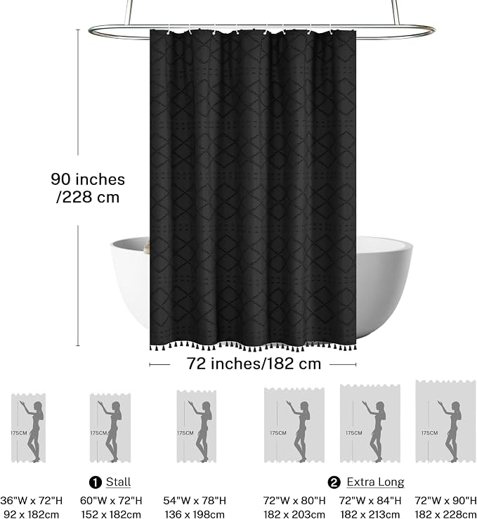 Extra Long Black Woven Fabric Boho Shower Curtain with Tassels 72 x 90 Modern Farmhouse Minimalist, Tufted Chevron Textured Striped Shabby Chic, Water Resistant Cloth Curtain for Bathroom, Hotel Decor