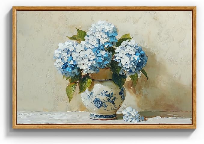 InSimSea Framed Canvas Art Hand-Painted Vintage Blue Hydrangea Art,16x24inch, Textured Floral Paintings Artwork Wall Decor for Living Dining Room Hallway, Classical Still Life Farmhouse Picture