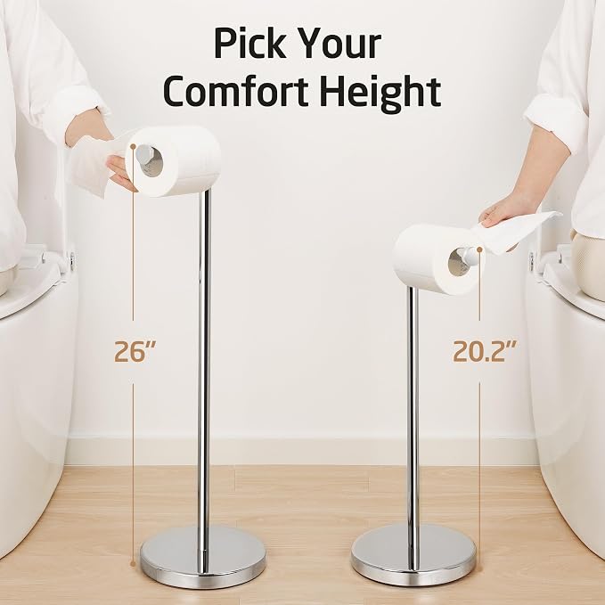 KES Toilet Paper Holder Stand, 26" H, Polished, T304 Stainless Steel | Cement-weighted base, anti-slip pad prevents scratches, universal roll compatibility, 1-min assembly, no drilling.