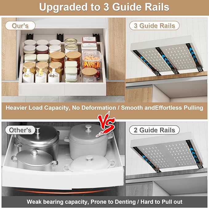 Fokyfok Pull out Cabinet Organizer,16"-21"W,13"-17"D,Expandable,Adhesive | No Drill,3 Rails,Adjustable Slide out Drawers for Kitchen,Pantry,Roll out Shelves,for Cabinets Without Lip,Bathroom,White,1PC