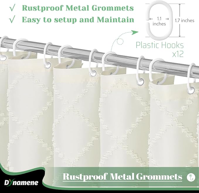Extra Long Boho Fabric Shower Curtain Tufted Geometric 72x84 Cream | 84 Inch Tall, Elegant Tassel, Lightweight Textured Fabric, Water Repellent, Washable, Hotel Spa, for Bathroom/Dorm 12 Hooks