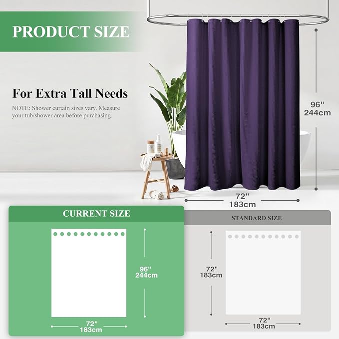 Extra Long Waffle Shower Curtain 256 GSM Fabric 72x96 Purple | 96 Inch Tall, Thick Polyester Cloth, Weighted Hem, Water Repellent & Washable, Hotel Shower Curtain Set for Bathroom 12 Hooks