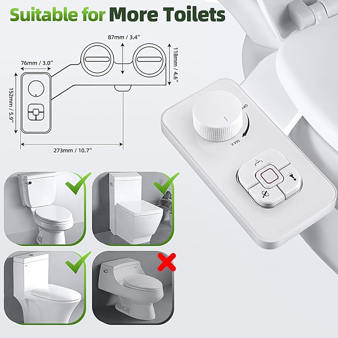 SAMODRA Bidet Attachment, Non-Electric Cold Water Bidet Toilet Seat Attachment with Pressure Controls, Retractable Self-Cleaning Dual Nozzles for Frontal & Rear Wash - White