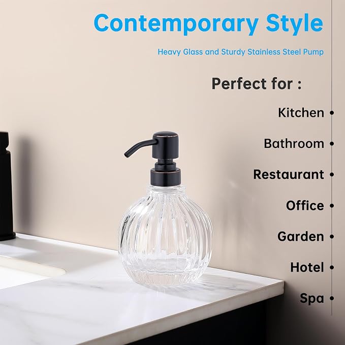 Round Soap Dispenser Bathroom with Oil Rubbed Bronze Pump, Glass Bottle with Stainless Steel Pump Liquid Sphere Soap Dispenser Circular Countertop Kitchen