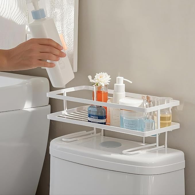 ShellKingdom Over the Toilet Storage Shelf, Toilet Paper Holder Stand Rack | Punch-Free Bathroom Storage Rack with 2 Hooks, Small Space Organizers for Bathroom, Home, White
