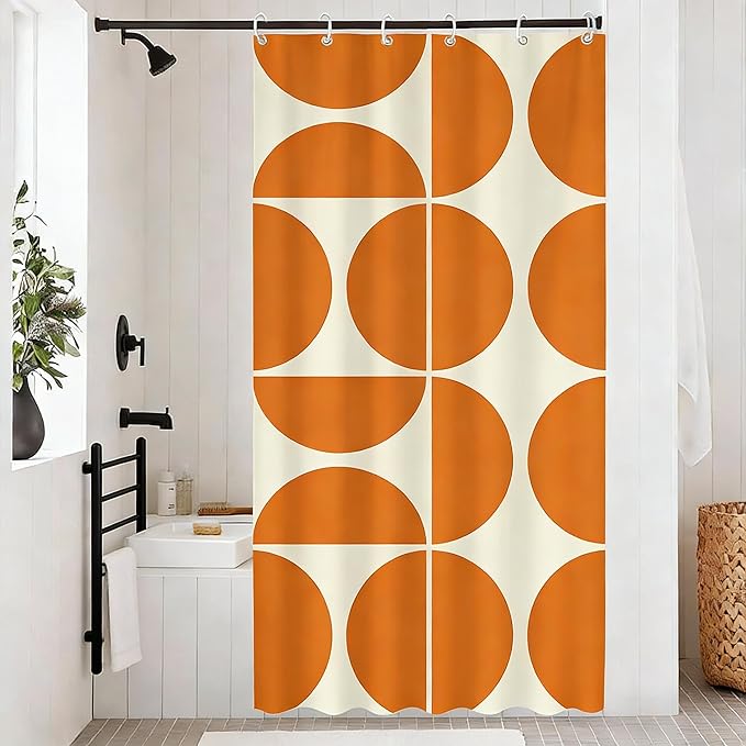 Orange Mid Century Modern Shower Curtain, Boho Abstract Geometric Retro Art Bath Curtains For Bathroom, Colorful Unique Pattern Waterproof Polyester Fabric Bathroom Accessories Set 12 Hooks 36X72IN
