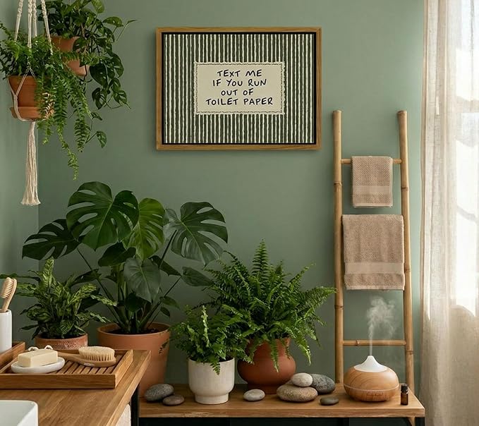 Floating Framed Funny Bathroom Quotes Canvas Wall Art, Text Me If You Run Out of Toilet Paper Poster Print Artwork, Vintage Stripe Bathroom Decor Picture, for Toilet, Restroom Home Decoration 12x16in