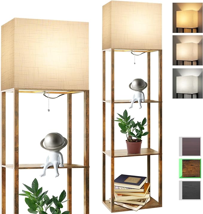 Plus Floor Lamp with Shelves, Modern Shelf Floor Lamp with 15W 3CCT LED Bulb and Memory Function, Wide Shelf Lamp for Display Storage, Standing Lamps for Living Room, Bedroom, Office, Corner