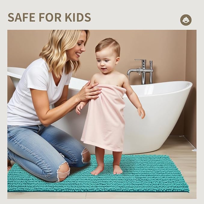 Bathroom Rugs Non Slip Washable 60x24, Extra Thick Soft Chenille Absorbent Bath Mat, High Density Barrier Non Slip Backing, Quick Dry Plush Shaggy Floor Carpet for Tub&Shower, TealBlue