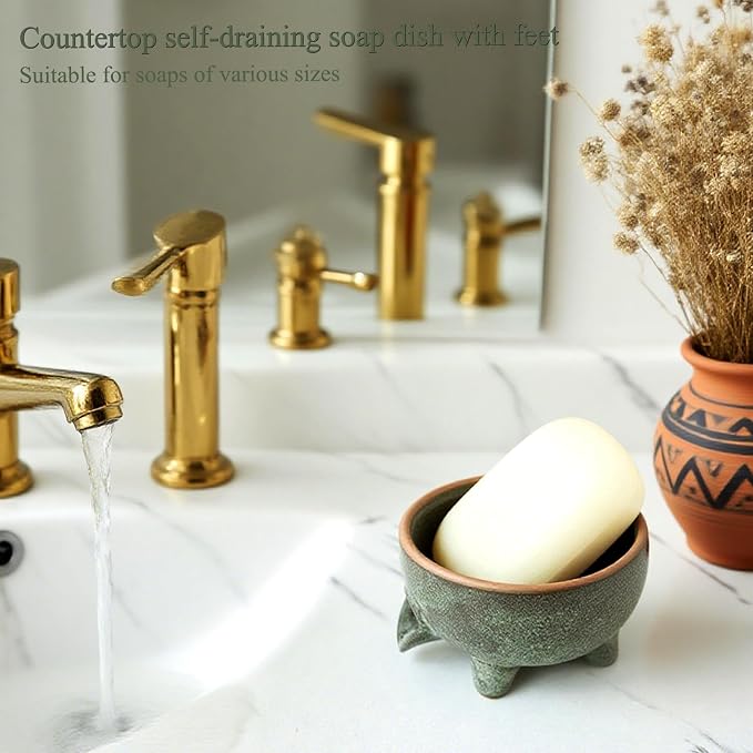 Soap Dish with Drainage, Ceramic Self Draining bar Soap Holder | Soap saver for shower, bathroom, kitchen sink, countertop. Keeps bar dry & lasts longer. Round Avocado Green