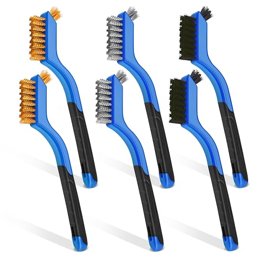 Wire Brush Set, 6 Pcs Stainless Steel/Brass/Nylon Wire Brushes | Blue, 7" Total Length for Tight Spaces, For Cleaning with Curved Handle Grip for Rust Removal, Dirt, Paint Scrubbing