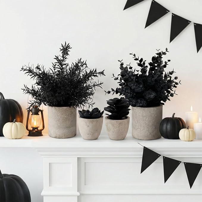 ALAGIRLS 4 Packs Fake Plants Small Artificial Plants Indoor Black Eucalyptus Rosemary Succulents Plants Potted Faux Plants for Home Indoor Office Bathroom Living Room Decor