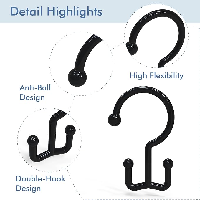 Bathway Black Plastic Double Shower Curtain Hooks, 12 Shower Curtain Rings | Hang Both Shower Curtain & Liner, Waterproof, Rust-proof, Sturdy, Durable, Flexible, Multifunctional, Universal, Easy to Use