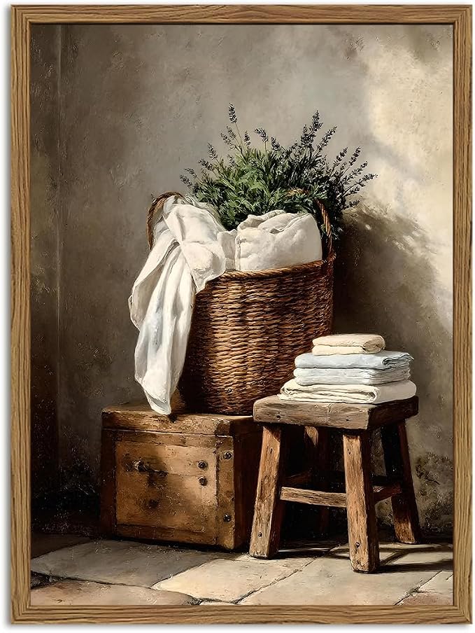 Vintage Laundry Room Wall Art Rustic Laundry Basket Bathroom Wall Decor Poster Country Farmhouse Wildflower Canvas Painting Print 12x16 inch Wood Framed
