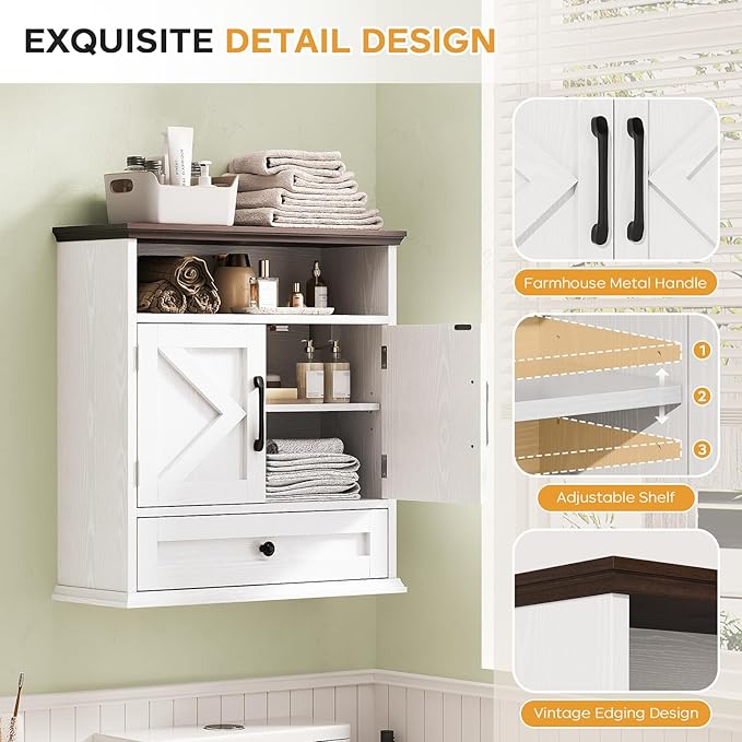 Bathroom Wall Cabinet, Wall Mounted Medicine Cabinet 24.4"H x 23.6"W x 9"D | With Drawer, Barn Doors & Adjustable Shelf, White Over Toilet Farmhouse Storage Cabinet for Kitchen, Laundry Room, Entryway