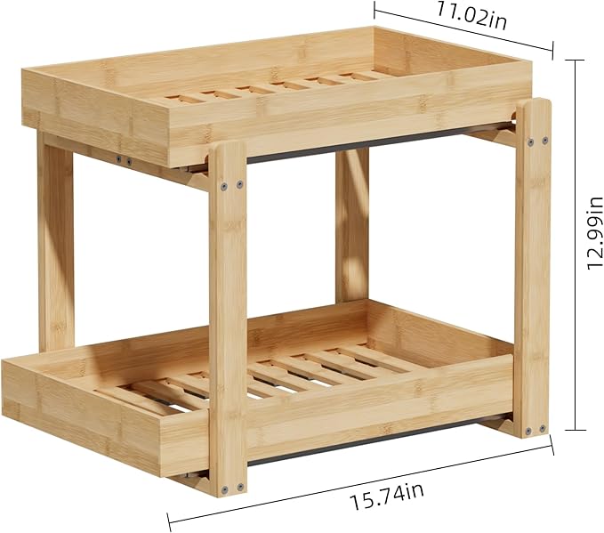 APRTAT 2 Pack Bamboo Under Sink Organizer, 2-Tier Pull Out Storage Drawers | Smooth pull-out drawers keep cleaners and tall bottles visible, organized and easy to reach in kitchen or bathroom cabinets