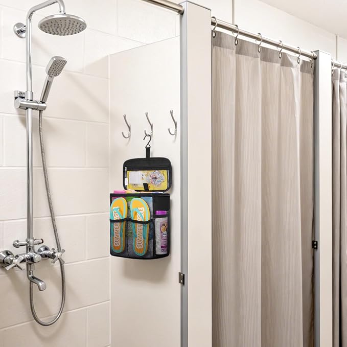 Lifewit Mesh Shower Caddy, Hanging Bathroom Organizer with Slipper pockets | Hanging Hook, Quick Dry, Portable, Toiletry Tote Bag, College Dorm Room Essentials for Beach, Gym, Camping, Travel, Black