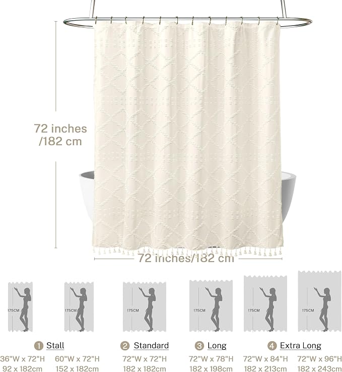 Siiluminisoy Cream Boho Woven Fabric Shower Curtain, 72 x 72 Tufted Chevron Textured Striped Modern Farmhouse Minimalist Cloth Curtain for Bathroom