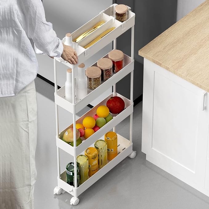 Slim Storage Cart 4 Tier,Bathroom Organizer Rolling Utility, Mobile Shelving Unit Slide Out for Office, Kitchen, Laundry Room & Narrow Places,White