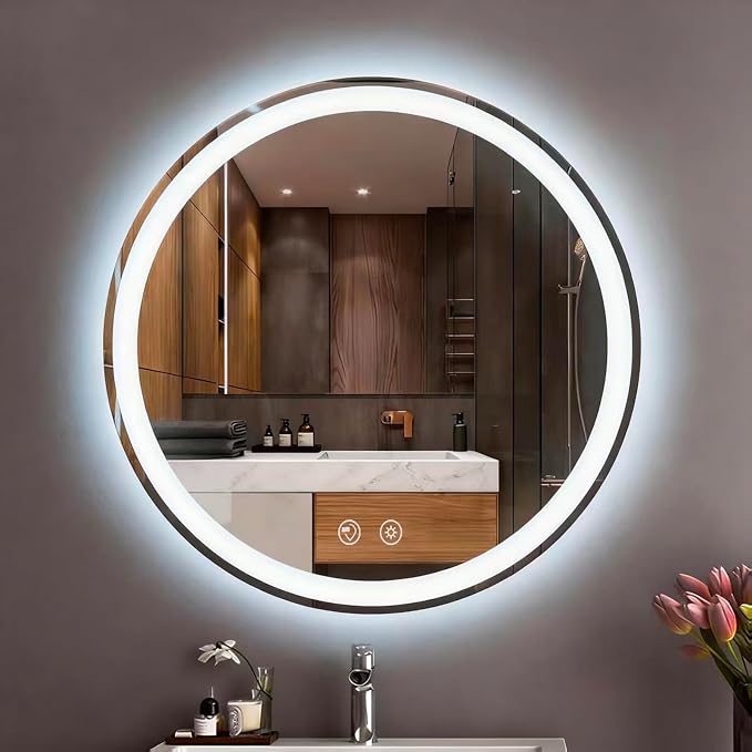 LTFUUAI 20" Round LED Bathroom Mirror with Lights, Front & Back Light | Lighted Bathroom Mirror, Touch 3-Color Stepless Dimming, Wall Mounted, Anti-Fog Shatterproof, UL Listed