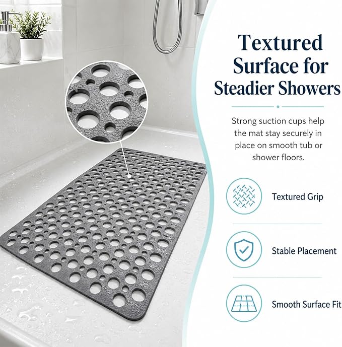 Casa and Beyond Shower Mat, Secure Shower Mats Easy to Clean, Showers Mat with Suction Cup, Washable Non-Slip Bathtub Mats for Inside Showers (White,27.6 * 15 in)