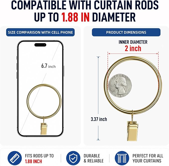 Lansian 44 Pack Curtain Rings with Clips Hooks 2 in Diameter Rustproof | Metal Stainless Steel Drapery Rings for Tension Rod Bracket Eyelets Decorative Hanger, Fits 1.88 in Rods, Gold