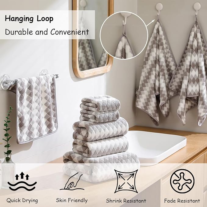 12 Pcs Light Gray Diamond Towel Set-4 Bath Towels,4 Hand Towels,4 Washcloths Soft Polyester Towels with Loop Absorbent Shower Towel Quick Dry Beach Chair Towel Family Towels for Bathroom Spa Gym Pool