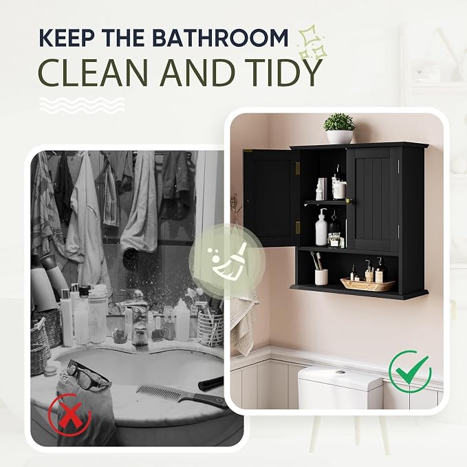 Smuxee Black Wall Cabinet, Small, 2-Door Medicine Cabinet with Adjustable Shelves, Over Toilet, For Kitchen and Laundry Rooms