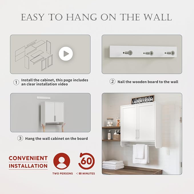 FIMELLO 29.5’’ Wall Cabinet with Hanging Rod, Laundry Room Cabinets Wall Mounted, Bathroom Wall Cabinet, Adjustable Shelf, Shaker Door, White