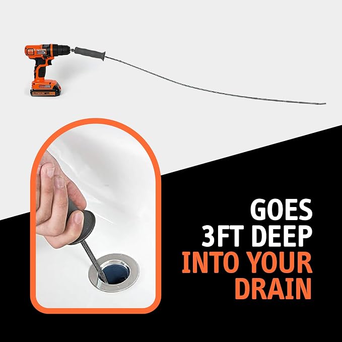 DrainShroom Drain Snake Auger, 36 Inch, Power Drill Attachment, Hair Clog Remover for Bathroom Sink and Bathtub, Stainless Steel, Matte Black