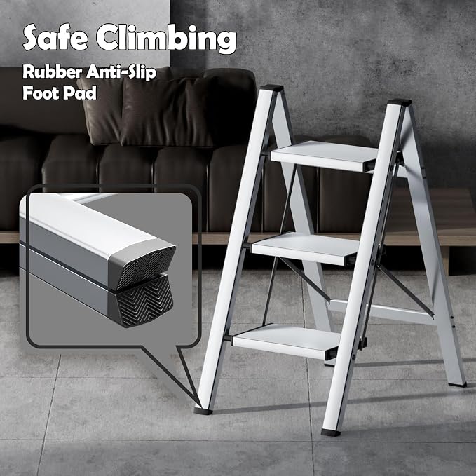 Taranta 3 Step Stool Foldable,Aluminum Step Ladder-Sliver | Lightweight,Wide Anti-Slip Pedals,Folding Step Stool,330lbs Capacity for Household,Kitchen,Office