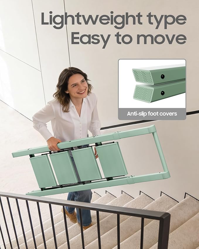 HillhutApex Aluminum 4 Step Ladder, Step Stool Foldable Ladder(Pale Green) | Stepladder with Handgrip,Anti-Slip Pedals,330lbs Capacity,Lightweight Portable Folding Ladder for Home,Office,Libaray
