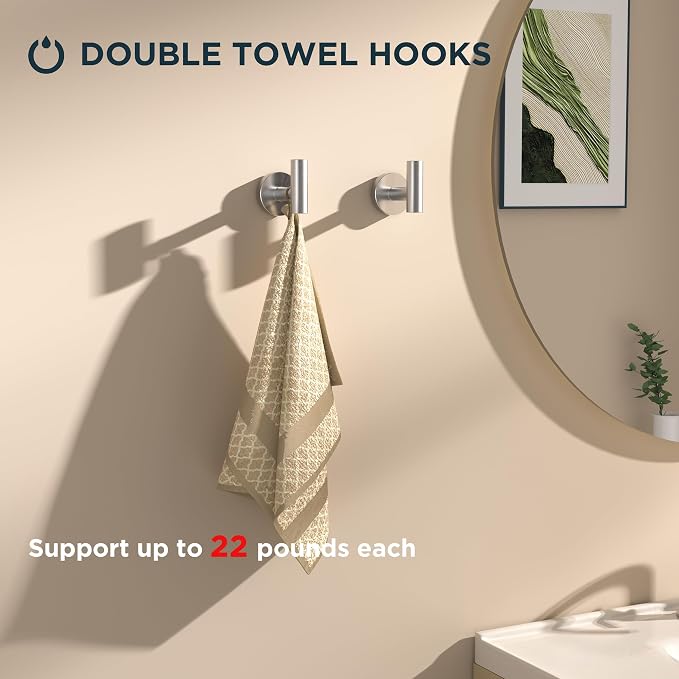 FORIOUS Bathroom Accessories Set, 4-Piece Bathroom Hardware Set | Brushed Nickel | SUS304 Stainless Steel Towel Ring, 2 Towel Hooks, and Toilet Paper Holder Wall Mounted