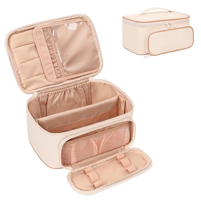 Makeup Bag, Multifunctional Large Cosmetic Organizer Toiletry Brushes Storage Case for Women Girls with Handle Divider - Beige