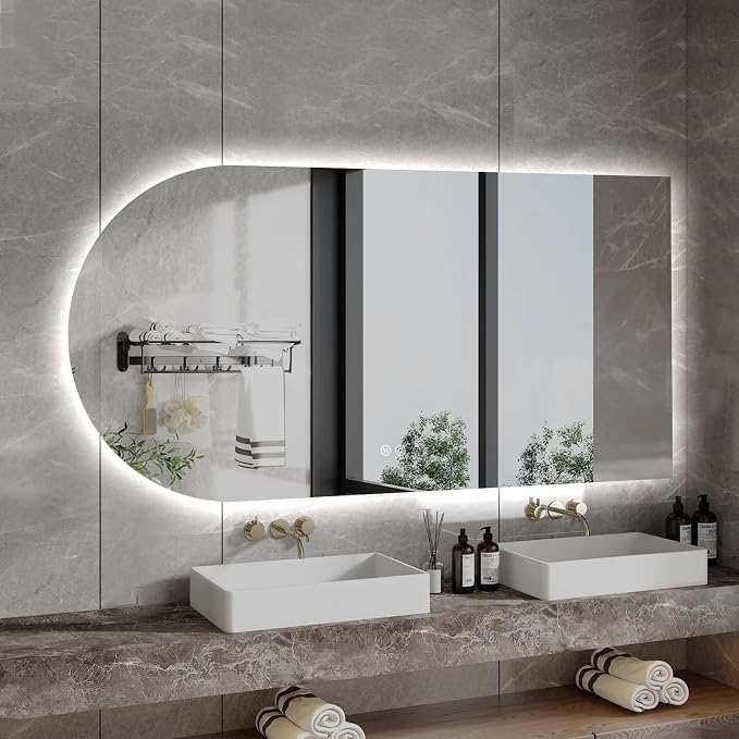 Arched LED Bathroom Mirror, 48"x24" Arch Framless Backlit Mirror with Lights Anti-Fog Dimmable Smart Frameless 3-Color Lighted Vanity Mirror Memory Waterproof, UL Listed, Horizontal-Right