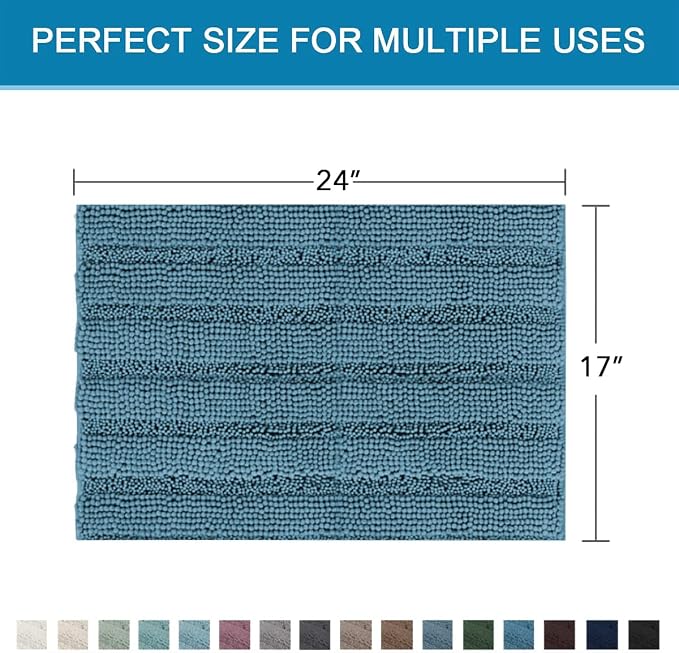 H.VERSAILTEX Bathroom Rugs Bath Rugs for Bathroom Non Slip Bath Mats Extra Thick Chenille Striped Rug 17" x 24" Absorbent Soft Shaggy Washable Dry Fast Bath Mats for Bath Room Floor - Turquoise Blue